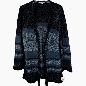 Boho Fringe Open-Front Chunky Knit Cardigan Dark Gray Stripe Size XL – Cozy Chic